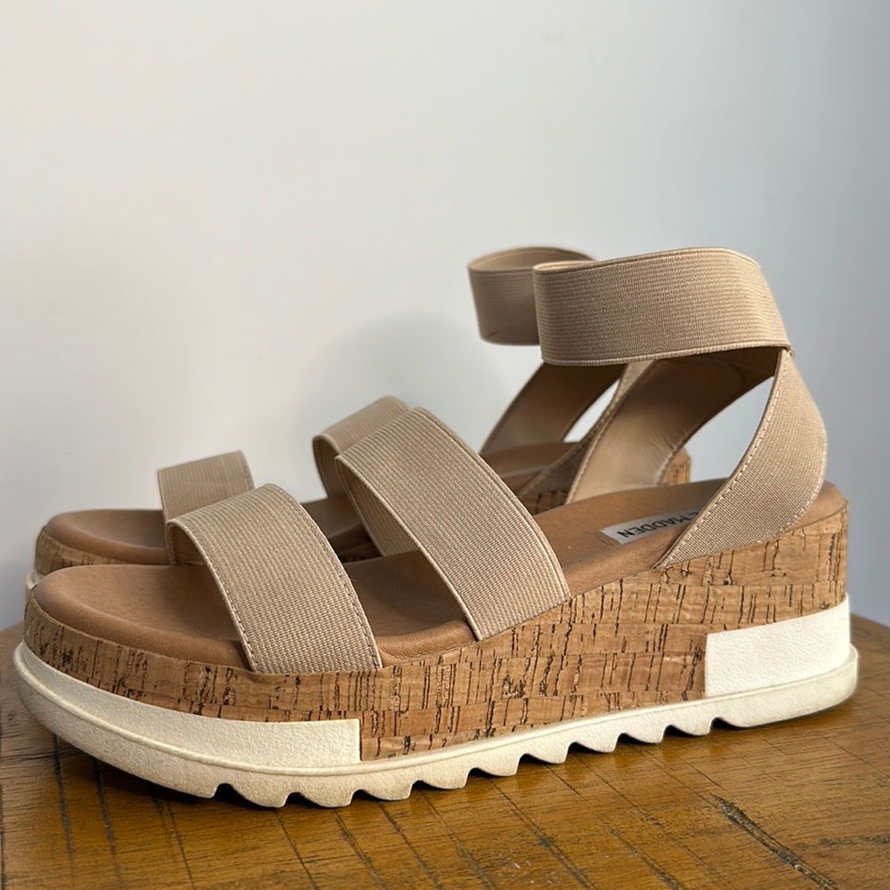 Womens Steve Madden Bandi Elastic Cork Platform Wedge Sandals Size 8